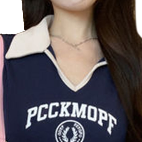 Dam Dragsko Rynkad Topp V-ringning Nedfälld Krage Bokstavstryckt Elegant Sommar T-shirt Blå L