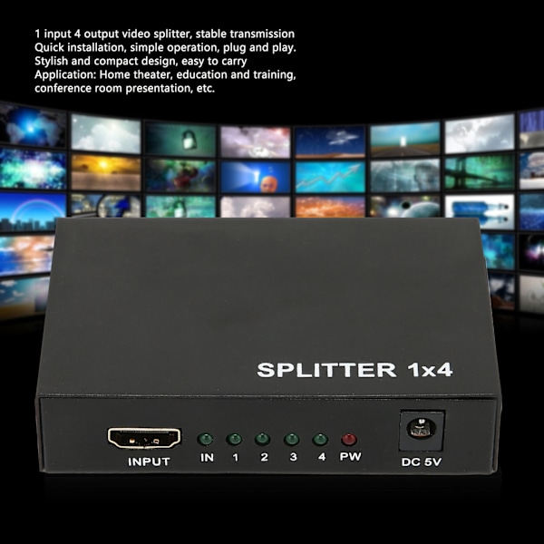 HD Multimedia Interface Splitter 1 in 4 Out 1080P Spegelskärm Videodelningsadapter för Hemmabio 100-240V UK-kontakt