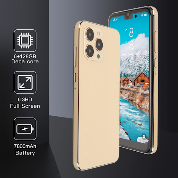 6,3-tums Mobiltelefon 4G-nätverk för Android 12 6GB RAM 128GB ROM MTK6889 Deca Core 7800mAh 1440x3200 8MP Front 16MP Bakre Guld 100‑240V EU-kontakt