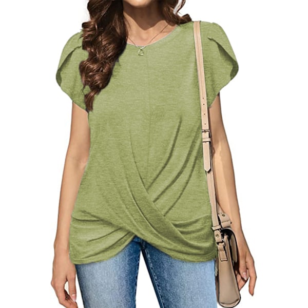 Dam Twist Front Tröja Kort Petal Ärm Rund Hals Enfärgad Lös Casual Dam Tröja Topp Blus Ljusgrön L