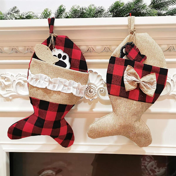 Pet Christmas Stockings Set of 4 Burlap Plaid Stocking for Cat
