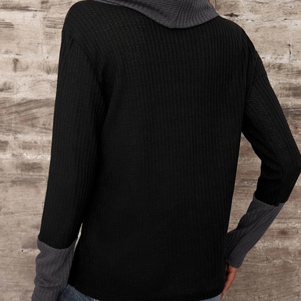 Långärmad Tröja med Cowl Neck Dam Casual Trendig Färgblock Knappdekor Blus Skjorta för Dejting Svart L