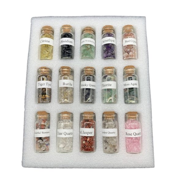15 st mini önskeflaskor chip sten set kristall tumlad reiki