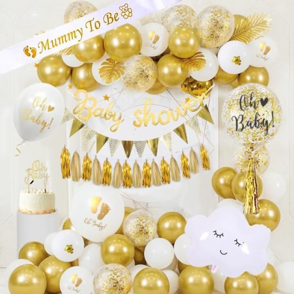 Baby Shower Dekoration Girl Pojke, MMTX blandat guld och vit baby shower ballong med mamma som ska vara skärp, Baby Shower Banner