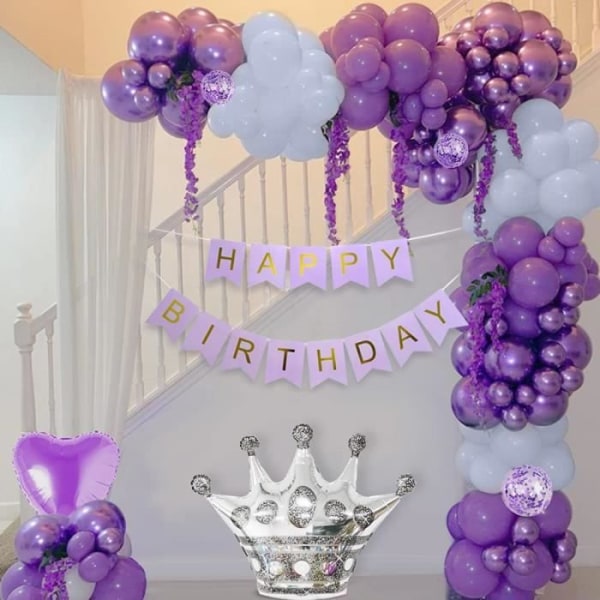 Lila födelsedagsdekorationer, MMTX pastelllila ballongbåggirlandskit, HAPPY BIRTHDAY-banner, grå lila macaronballong