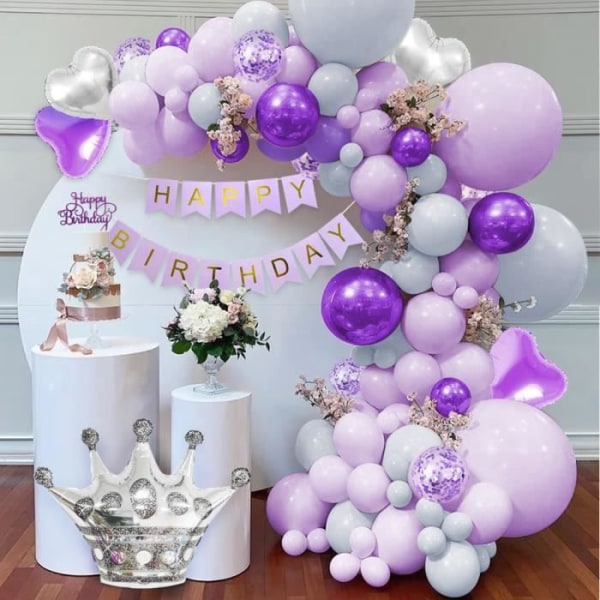 Lila födelsedagsdekorationer, MMTX pastelllila ballongbåggirlandskit, HAPPY BIRTHDAY-banner, grå lila macaronballong