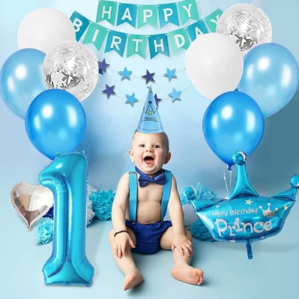 1 års födelsedagsdekorationer Pojke, MMTX Blue Prince Födelsedagsfestdekoration 1 år barn, 1 födelsedagsballong 52st