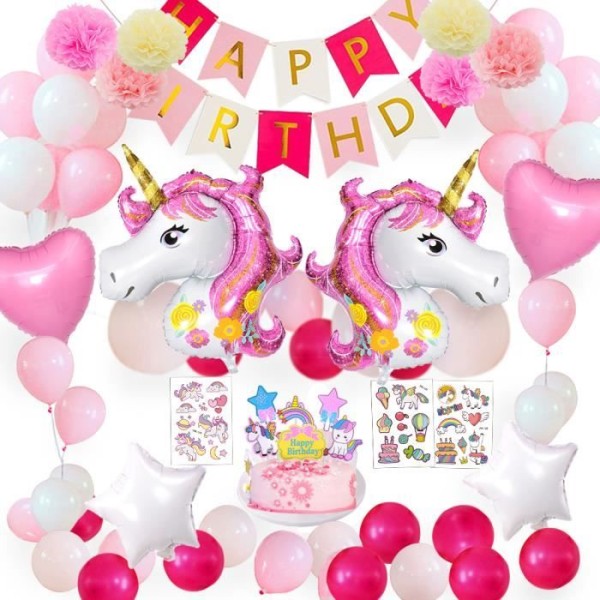 Unicorn födelsedagsdekoration för flickor, MMTX Unicorn dekoration med 3D enorma Grattis Rosa Enhörningsballonger
