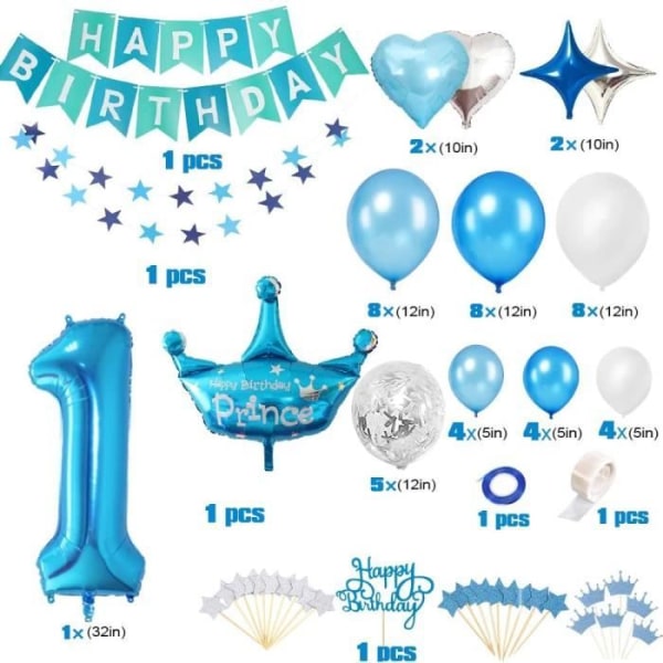 1 års födelsedagsdekorationer Pojke, MMTX Blue Prince Födelsedagsfestdekoration 1 år barn, 1 födelsedagsballong 52st