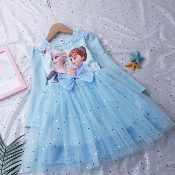 Flickor Prinsessa Elsa Höstklänningar Långärmad Anna Klänningar Barn Födelsedagsfest Balklänning Light Blue 110cm
