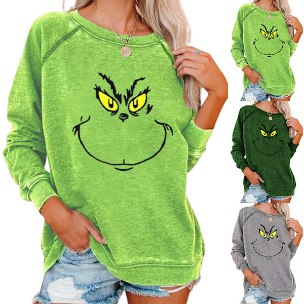 Jultröja för kvinnor med lång ärm, Grinch-tryck, jultröja, toppar Dark Green 2XL