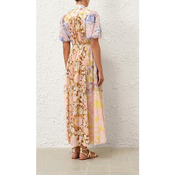 POP PUFF ÄRM MAXIKLÄNNING Dam Sommarklänningar Blommig Solklänning Retro Ståkrage Knytdetalj Midi Semester Långklänningar M