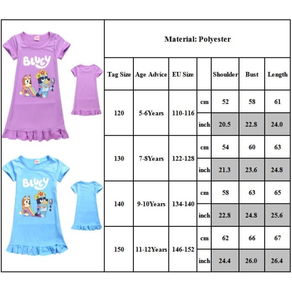 Barn Flickor Bingo Blueys Tecknad Nattklänning Sovkläder Kortärmad Pyjamasklänning Purple 5-6 Years