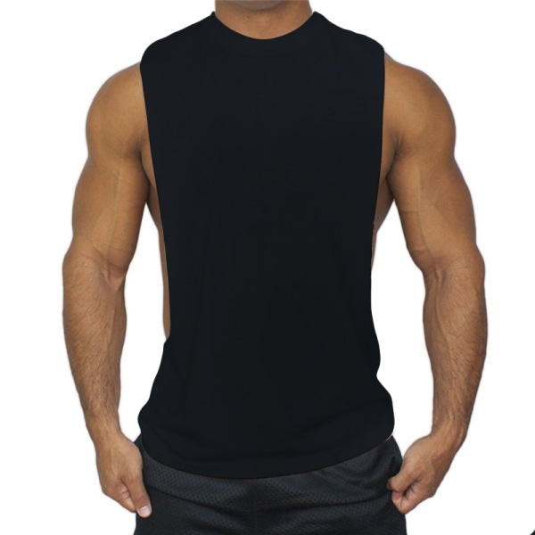 Enfärgad, ärmlös, låg sportskjorta för män med heltryck black 2XL
