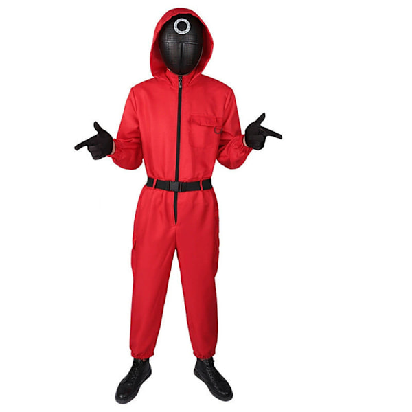 Squid Game 2 Jumpsuit för Kvinnor och Män, Unisex Zip Up Squid Game Kostym Svart Röd Outfit (Inkluderar Masker) Red+Triangle Mask S