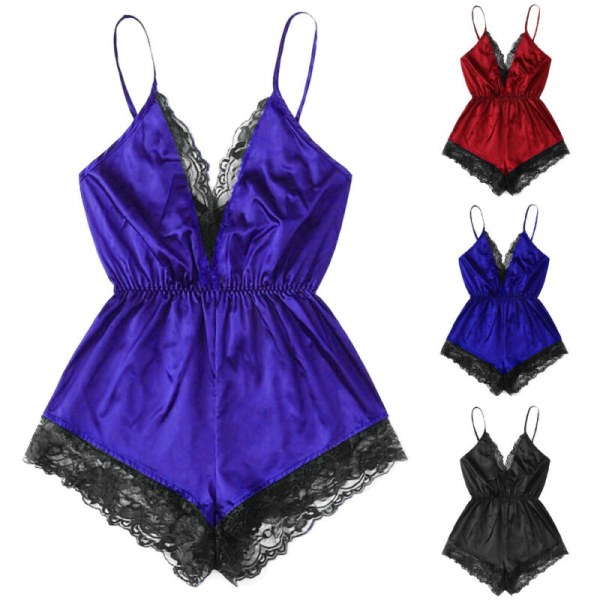 Kvinnors sexiga spets-up-lingerie V-ringad axelbandslös nattkläder Purple XL