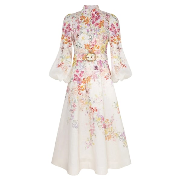 Zim Style Luminosity Trykt Linned Midi Kjole Damekjole Mode Temperament Retro Stående Hals Slips Enkelt Knaplukning Dame Lang Kjole Med Bælte M
