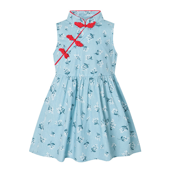 Småbarn Flickor Blommigt Tryckt Cheongsam Klänning Sommar Semester Fest Solklänning Blue 110cm