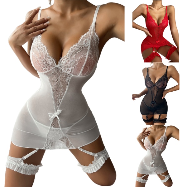 Kvinnor Sexiga Spets Underkläder Set Underkläder Stringklänning Nattkläder White XL