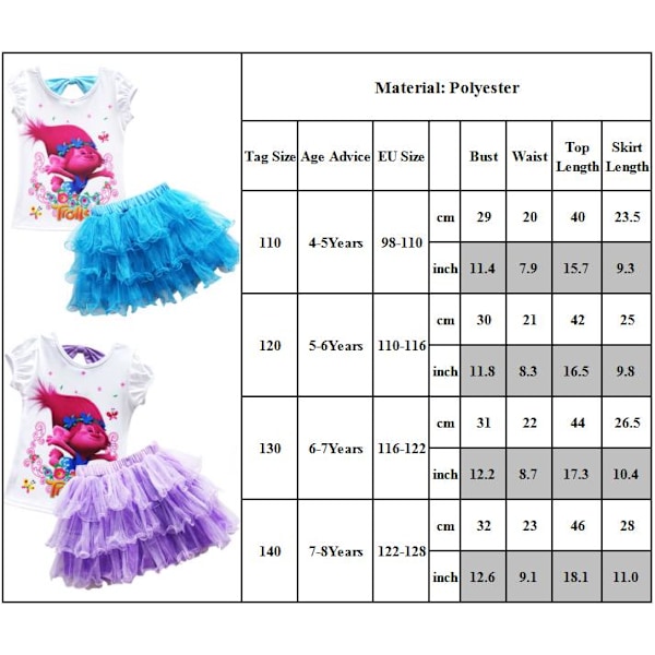 Barnflickor Trolls Prinsess Poppy Kortärmad T-shirt + Tutu Tyll Minikjol Rose Red 110cm