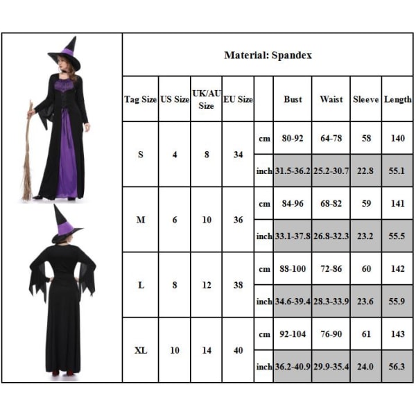 Kvinnlig häxa utklädnad Halloween Cosplay kostym & hatt kläder S
