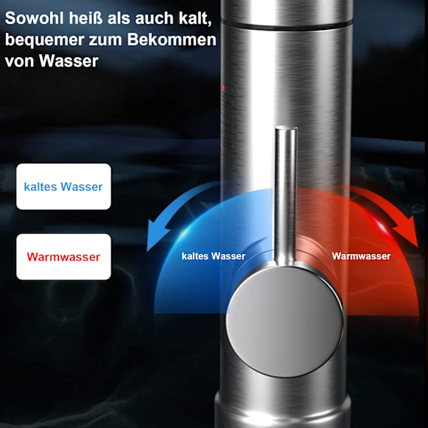 Elektrisk 30-60° vandhane med temperaturdisplay, rustfrit stål 304, 360° drejelig, husholdningsbrug, digitalt display, 3-sekunders opvarmning