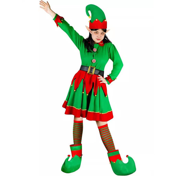 Jultomtekostym för kvinnor i sammetklänning, Santas hjälpare-kostym, juloutfit, tomteluva, skor, öron, bälte, strumpor M