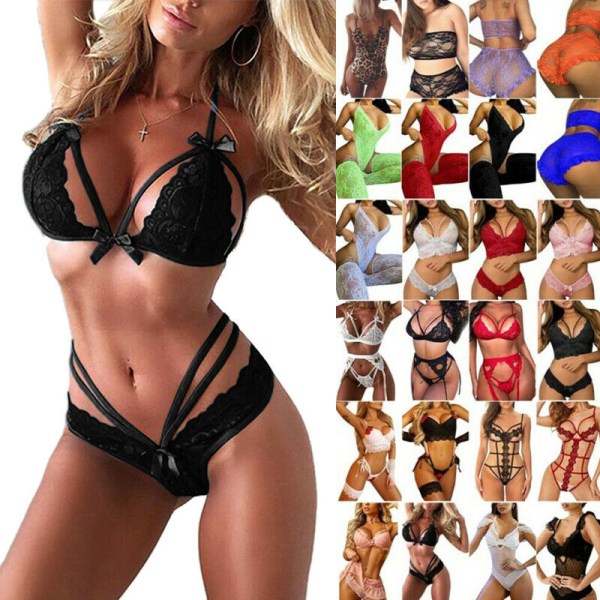 Kvinnors erotiska underkläder sexiga bh bh stringtrosor underkläder nattkläder svart 3XL
