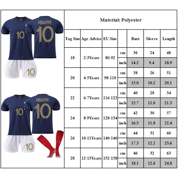 Fotbollströja för barn, 2022-2023 Nya Hemmatröja VM #10 MBAPPE Fotbollsset Pojkar Träningsdräkt 24
