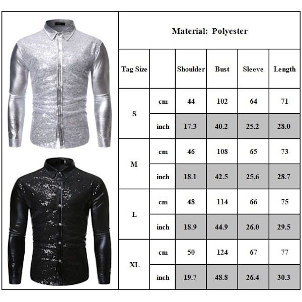 Miesten Vintage Metallinhohtoinen Paljetti 70-luvun 80-luvun Disco Pitkähihainen Napitettava Paita Slim Silver M