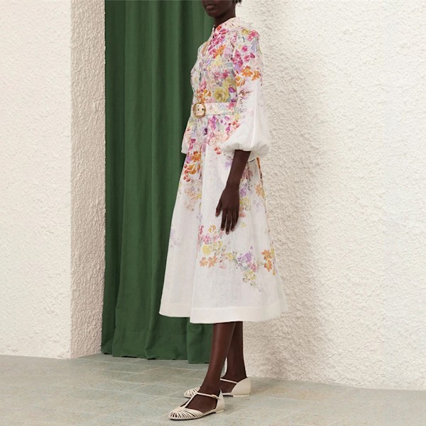 Zim Style Luminosity Trykt Linned Midi Kjole Damekjole Mode Temperament Retro Stående Hals Slips Enkelt Knaplukning Dame Lang Kjole Med Bælte M
