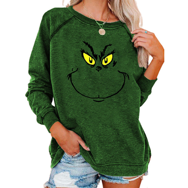 Jule Dame Langærmet Grinch Bluse Sweatshirt Juletrøje Toppe Dark Green M