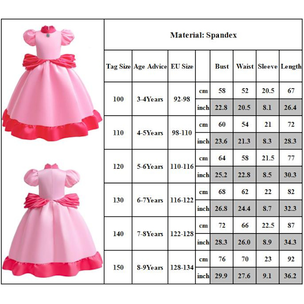 Peach Princess Klänning För Flickor Halloween Födelsedagsfest Kläder 100cm