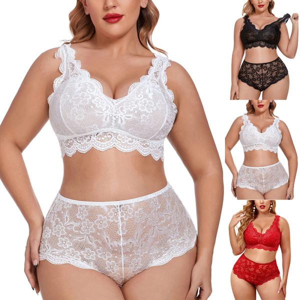 Kvinnors sexiga spetsbehå trosor plus size nattkläder underkläder set White 4XL