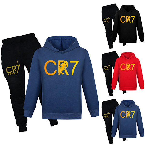 Cristiano Ronaldo CR7 Barn Pojkar Hoodies Kläder Byxor Sport Träningsoverall Outfits Set Navy blue 130cm