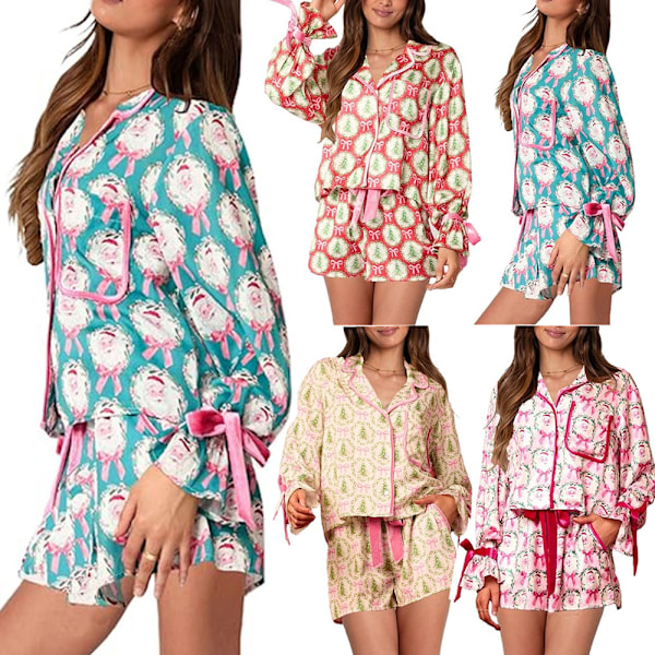 Dam 2-delat Julpyjamasset Fluga Långärmad Skjorta Volangshorts Färgglatt Jultomte Tryck Pyjamas Set Julklappar Rose Red 2XL