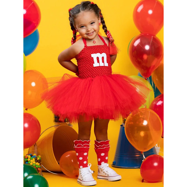 M&M's Kostym Hårspännen Handskar Set Barn Flickor Tutu Tyllklänning Maskerad Big Red M