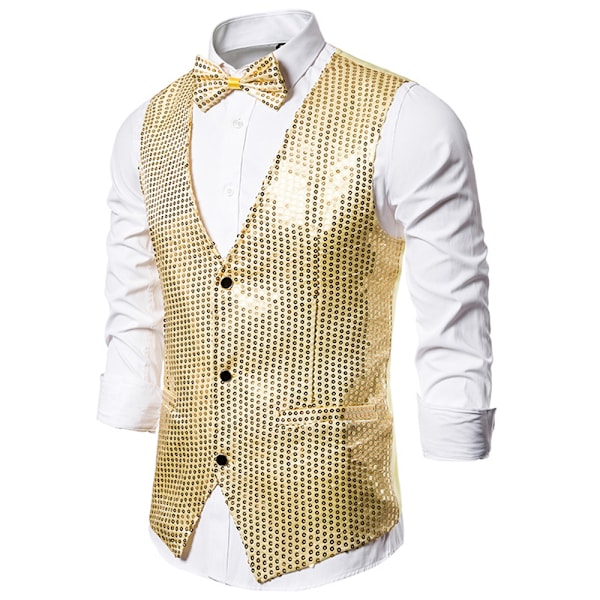 Paljettväst för män + Fluga Knappväst Glitter Väst Business Dansfest Kostym Gold L