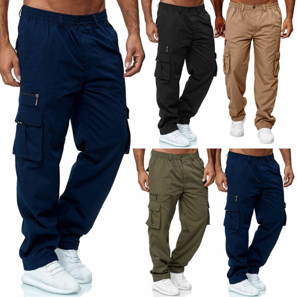 Herr Byxor med flera fickor Raka ben Fitness Cargo Byxor Khaki XL