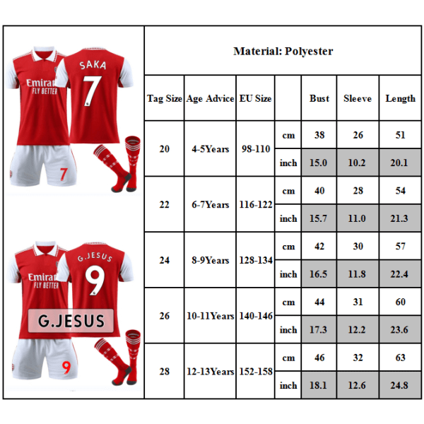 Barnfotbollströja nr 19 Arsenal F.c. Fotbollströja Ungdomströja #19 8-9Y