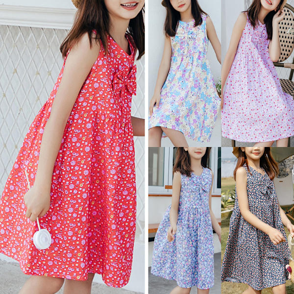 Barn Flickor Blommig Ärmlös Tunika Klänning Sommar Semester Lös Tank Sundress Pink 100cm