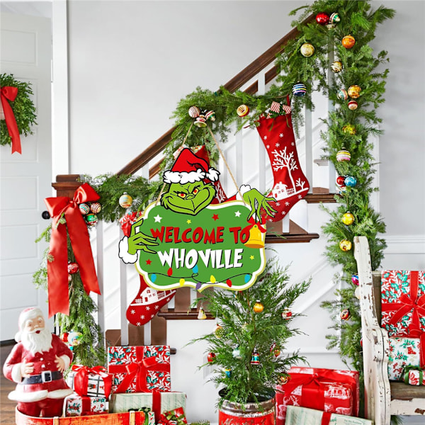 Grinch-skylt Julhängande Skylt Glad Grinchmas Trä Dörrskylt för Jul Vägg Träd Dekoration C
