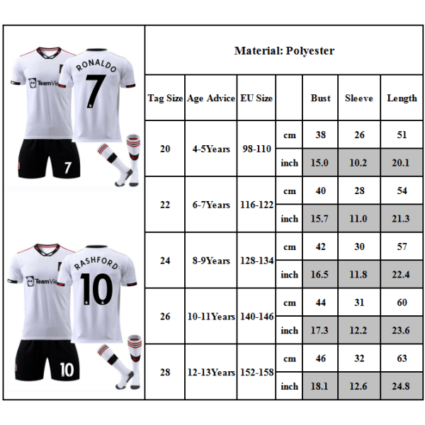 Barn Fotbollströja Man L Bortalag Vit Röda Djävlar Tröja Nr 7 C Ronaldo #10 8-9Y