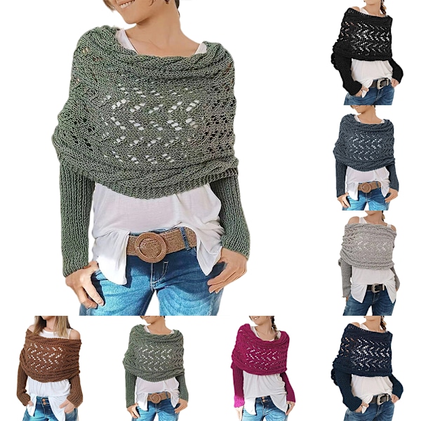 Dam Stickad Tröja Toppar Scarfs Mode Elegant Halsduk med Ärmar Wrap Höst Vinter Varm Utomhus Army Green