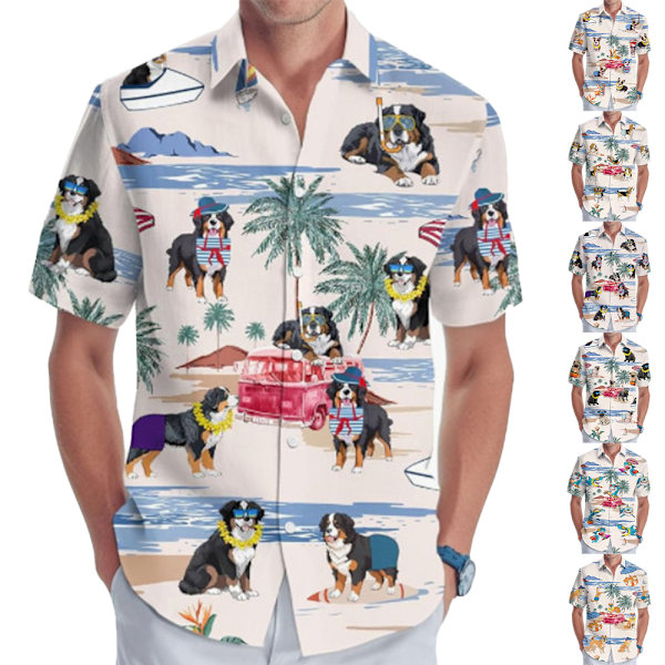 Herr Hawaiian 3D Hund Tryck Kortärmad Knappar Skjortor Sommar Semester Strand Toppar A 3XL