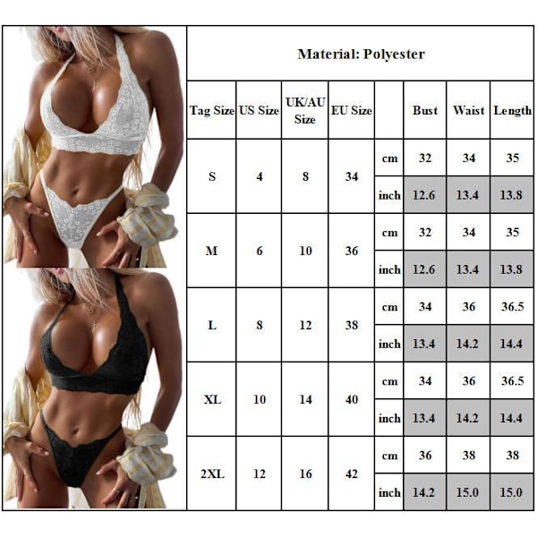 Kvinnors sexiga spetsunderkläder set push-up bh g-string nattlinnen Black M