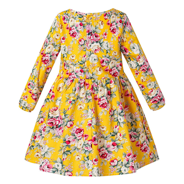 Barnflicka Boho Blommig Långärmad Prinsessklänning Semesterfest Bal Swingklänning Yellow 120cm