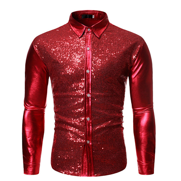 Miesten Vintage Metallinhohtoinen Paljetti 70-luvun 80-luvun Disco Pitkähihainen Napitettava Paita Slim Red M