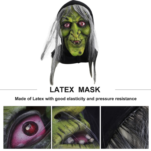 Halloween skräckhäxa mask latex huvudbonad med lysande ögon