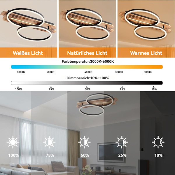 [3-dagers forsendelse] LED taklamper med tre - Trinnløs dimbar taklampe - 2 ringer moderne soveromslampe - Trespisestuelampe, med fjernkontroll 60x38cm